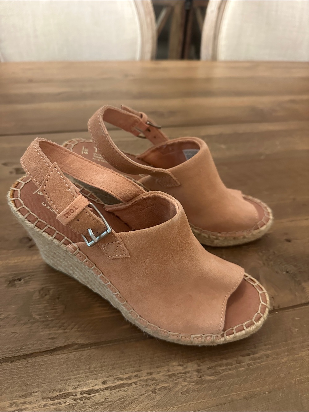 NWOT Toms Suede Peep-Toe Espadrille Wedges - Light Pink